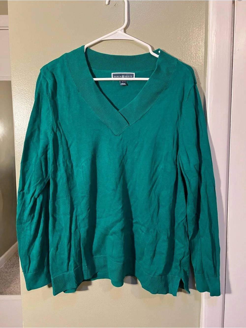 Karen Scott Women's Size Large V-Neck Pullover Sweater Kelly Green 100% Cotton